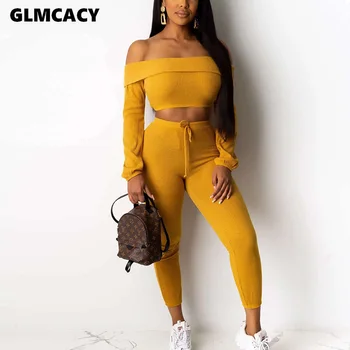

Women Off Shouder Crop Tops +Pants Suits Long Sleeve Slash Neck Tracksuits Two Piece Set Night Club Fitness Outfits