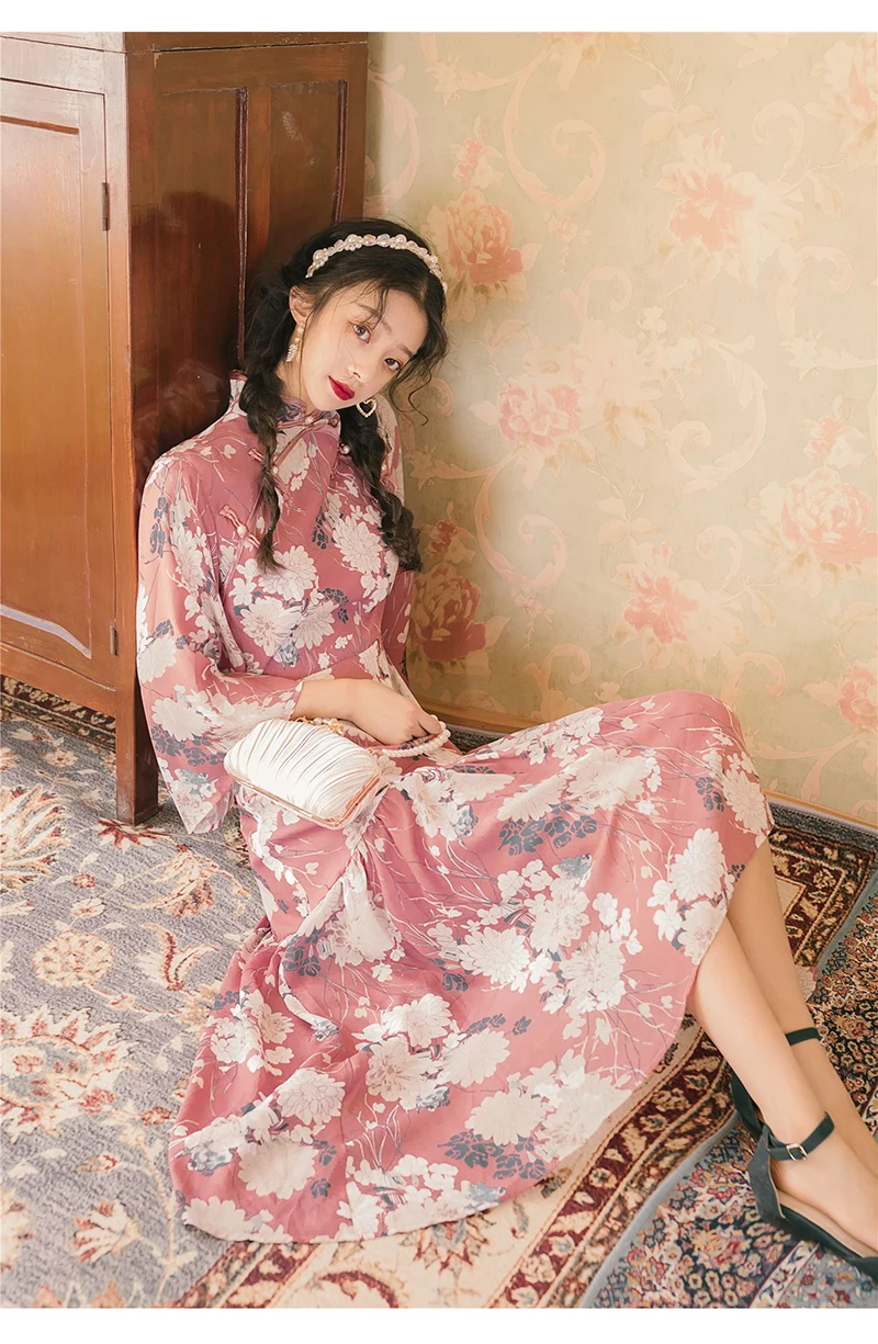 Trytree весеннее женское платье, повседневное, стоячий воротник, три четверти, рукав-фонарик, с принтом, китайский стиль, элегантное, неравномерное, ТРАПЕЦИЕВИДНОЕ ПЛАТЬЕ
