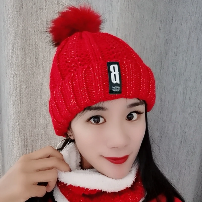 CouplesBlack red beanie, женская зимняя шапка с добавлением шерсти, зимние наушники, утолщенная теплая шапка с воротником, двухкомпонентный наряд