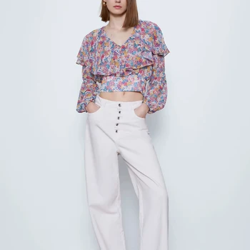 

ZA women blouse shirt flower printed tops ruffled Casual ladies blouse female woman clothes