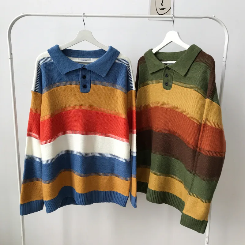 Winter Sweater Men's Warm Fashion Contrast Color Casual Knit Striped Lapel Pullover Man Wild Loose Long-sleeved Sweater Men Winter Sweater Men's Warm Fashion Contrast Color Casual Knit Striped Lapel Pullover Man Wild Loose Long-sleeved Sweater Men