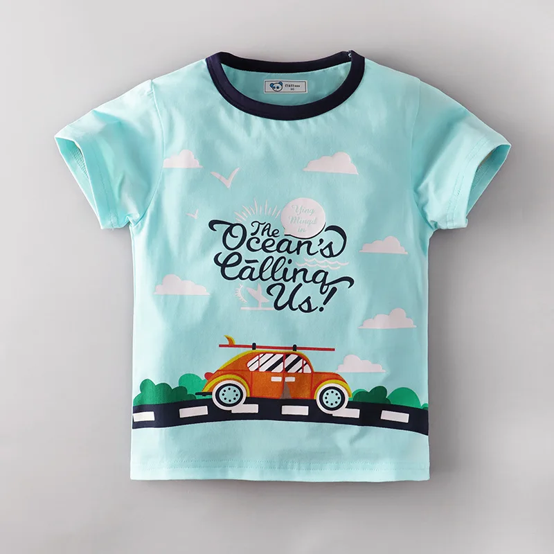 Коллекция года, летняя детская футболка для маленьких мальчиков и девочек с рисунком поезда, машины самолеты, крабы, футболки с надписями футболки для маленьких мальчиков - Цвет: Небесно-голубой