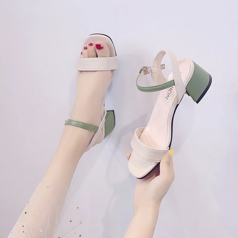 

2019 Summer New Style Simple Contrast Color A- line Buckle Chunky-Heel Leakage Toe Versatile Korean-style Square Head Fashion Se