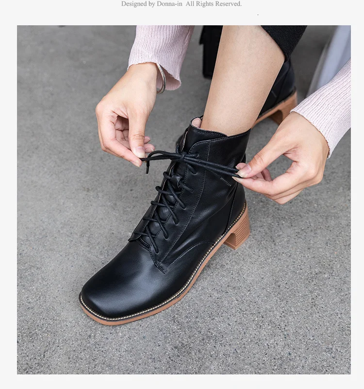 Donna-in Ankle High Heels Boots Women Elegant Cross Tied Square Toe Rubber Boots Genuine Leather Fashion Shoes Woman New