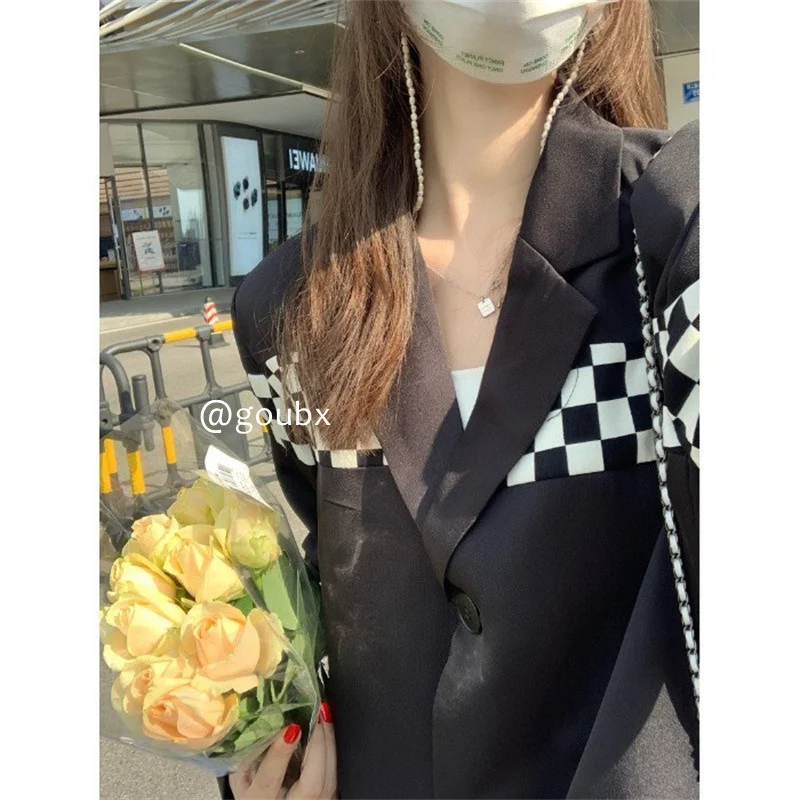 Осень 2021 Новый однобортный черно-белый клетчатый костюм для шахматной доски
