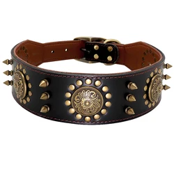 Genuine Brown Leather Spiked Studded Dog Collar - Durable and Stylish - L (Black)