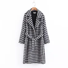 Осень и зима стиль Классическая мода тысячи птиц костюм воротник пояса шерстяное длинное пальто женское