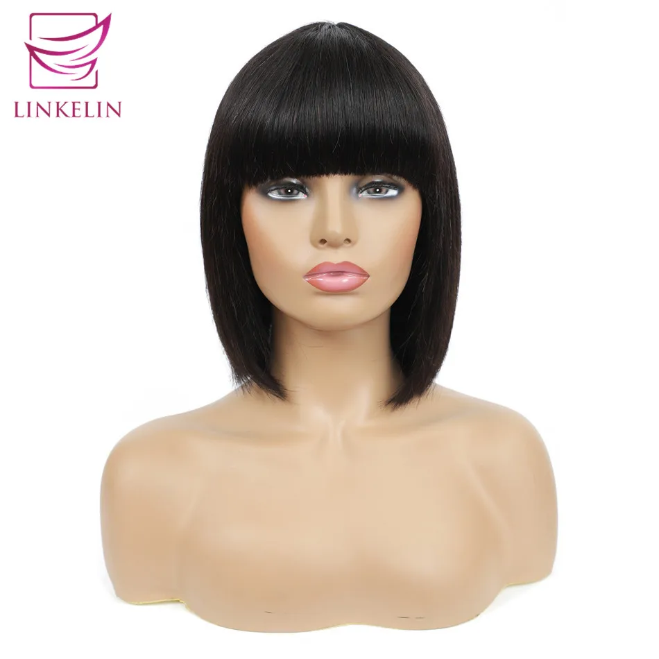 LINKELIN HAIR Short Bob Wigs Human Hair With Bangs Peruvian Straight Wig Bang Full Machine Made | Шиньоны и парики