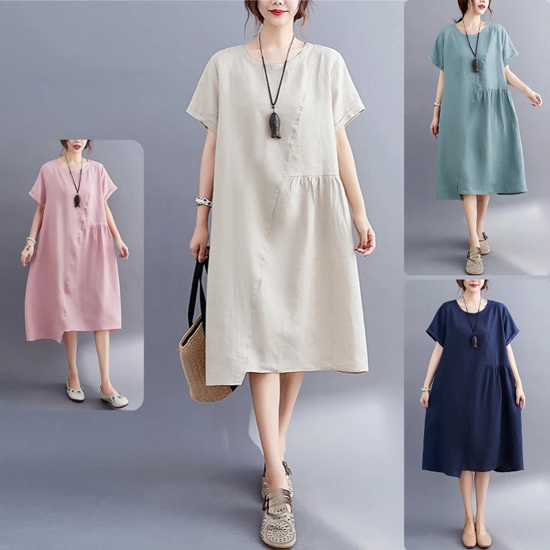 Женское платье с коротким рукавом Elifashion свободное однотонное из хлопка и льна
