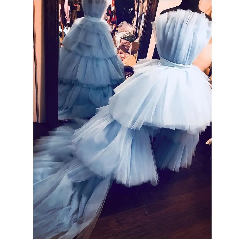 

New Trendy Sky Blue Tutu High Low Evening Gowns Tiered Ruffles Lush Pretty Prom Gowns Fashion Party Dresses