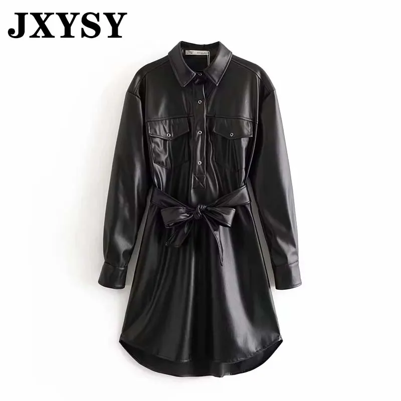 picture color JXYSY, английское уличное винтажное платье из искусственной кожи с карманами и поясом, женское платье, vestidos de fiesta de noche vestidos, мини-платье для вечеринки - Цвет: picture color