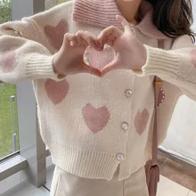 Aliexpress - Harajuku Sweet Pink Heart Sweater 2021 Knitted Coats Pin Beads Korean Fashion Sweaters New Autumn Cardigan Women Winter Knitted