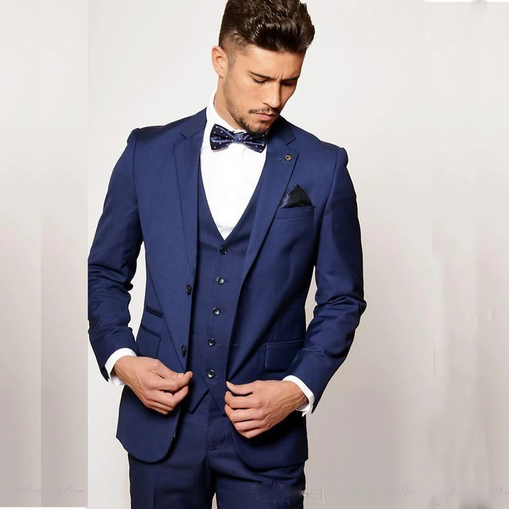 Tailor Made Notched Lapel Men Suit 2021 Slim Fit 2 Button Navy Blue Groom Tuxedos Busines Formal 3 Pieces Suit Blazer For Male