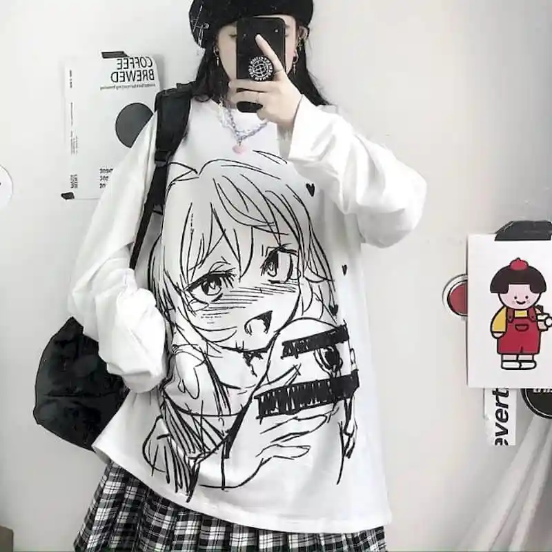 2022 New Autumn Clothes Korean Version Harajuku Bf Wind Cartoon Anime Printing Loose Long-sleeved T-shirt Female Student Top | Женская