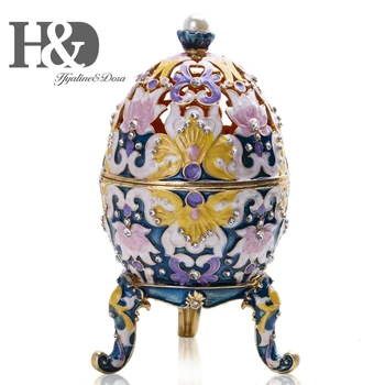 

H&D Hinged Russia Egg Jewelry Metal Trinket Box Hand Painted Bejeweled Boxes Ring Holder Collectives Gift Home Wedding Decor