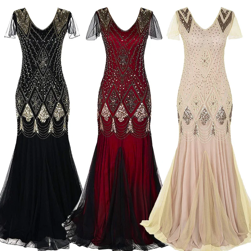 

Women 1920s Great Gatsby Beaded Sequins Dress Long 20s Flapper Dress Vintage V Neck Maxi Party Dress for Prom Cocktail Plus Size