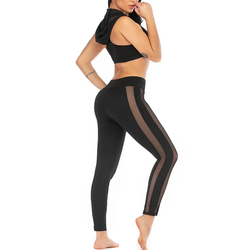Сетчатый спортивный костюм для женщин с капюшоном укороченный топ с сеткой спортивная одежда, леггинсы для занятий йогой бюстгальтер для фитнеса Брюки Одежда для бега комплекты для йоги