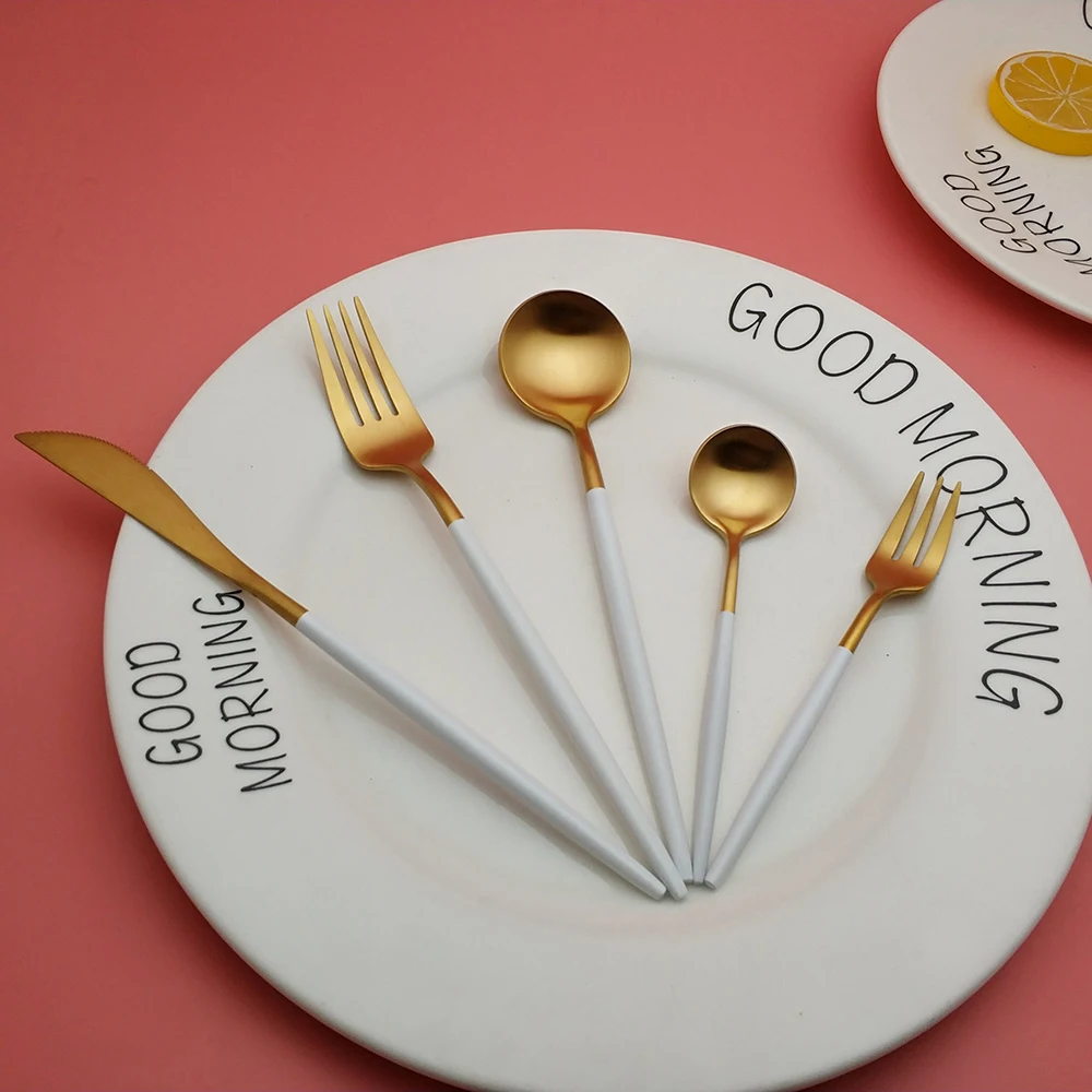 Hot Sale Small Size fourchettes couteaux cuilleres silverware stainless steel White Gold cutlery fork spoon knife dining set - Цвет: 5pcs