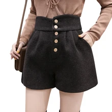 Корейская Высокая талия шерстяные шорты женские уличная осень зима кнопки карманы широкие ноги шорты плюс размер черные сексуальные шорты femme