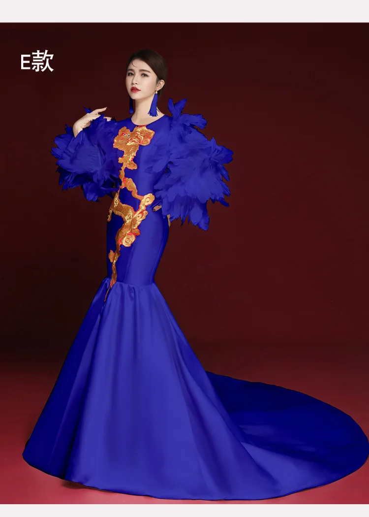 Синий шлейф сексуальный Cheongsam тонкий Qipao Vestidos азиатской невесты свадебные вечерние платья длинное платье