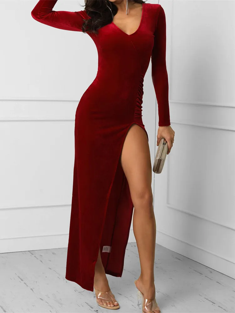 Yesexy Sexy V Neck Long Sleeve Velvet High Split Women Maxi Dress Solid Color Autumn Elegant Female Party Dresses MQ107