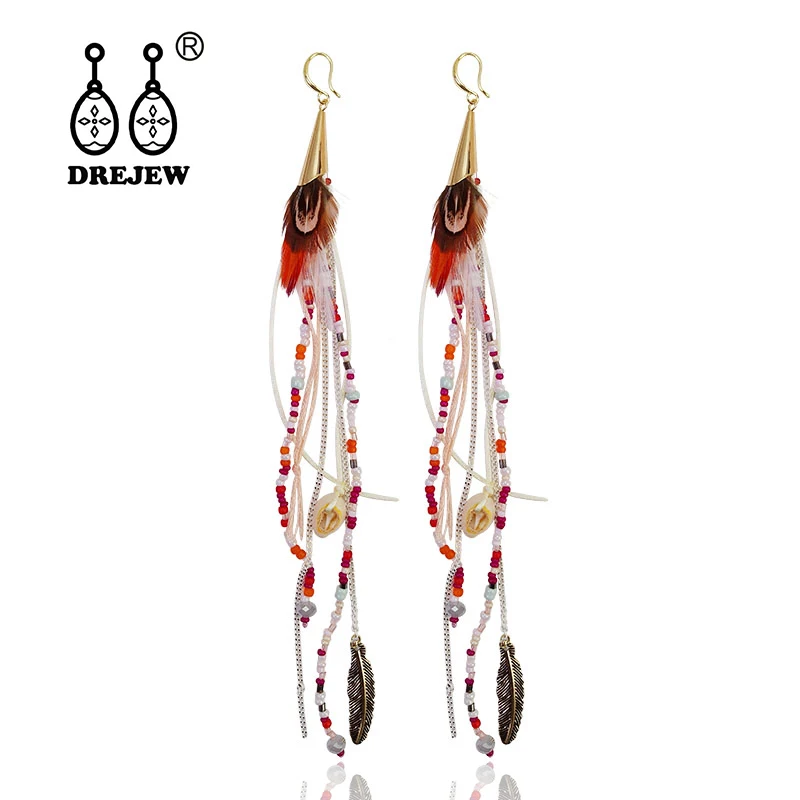 

DREJEW Bohemian Feather Long Tassel Statement Earrings Sets 2019 Summer Silver 925 Drop Earrings for Women Fashion Jewelry 4612