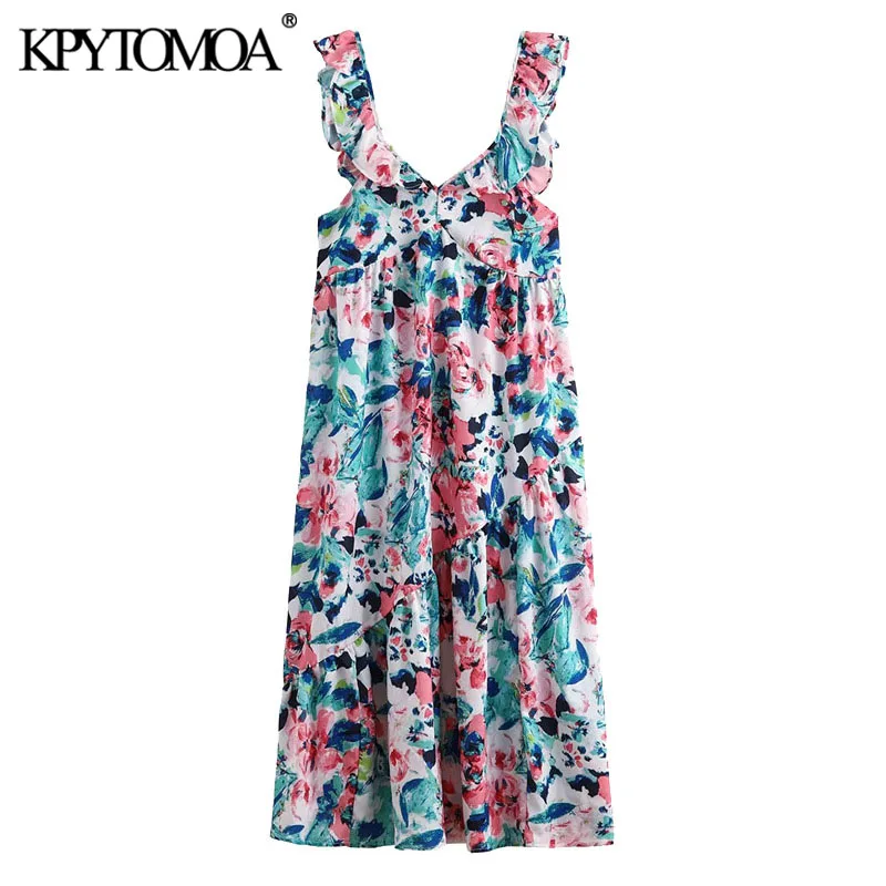 KPYTOMOA Women 2020 Chic Fashion Floral Print Ruffled Midi Dress Vintage Side Zipper Straps Female Dresses Vestidos Mujer KPYTOMOA Women 2020 Chic Fashion Floral Print Ruffled Midi Dress Vintage Side Zipper Straps Female Dresses Vestidos Mujer