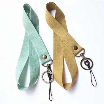 

2Pcs different colors 2.5cm width linen cotton Fabric neck lanyard with string and keyring for cellphones