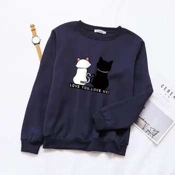 

Winter New Cartoon Cat Print Thick Sweatshirt Korean Style Round Neck Long Sleeve Pullover For Women