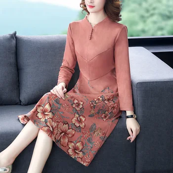 

Fall Spring Vintage Casual Womens Mandarin Collar Printed Floral Pattern Suede Dress , Slim Flower Pattern 4xl Dresses for Woman