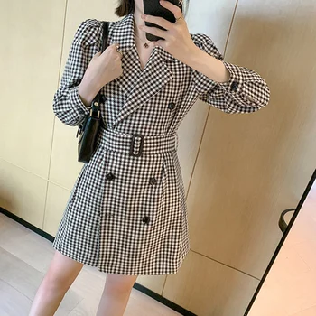 

Lucyever Women Fashion Sashes Plaid Suit Jacket Autumn New Puff Sleeve Button Blazer Woman Double Breasted Long Outwear Femme