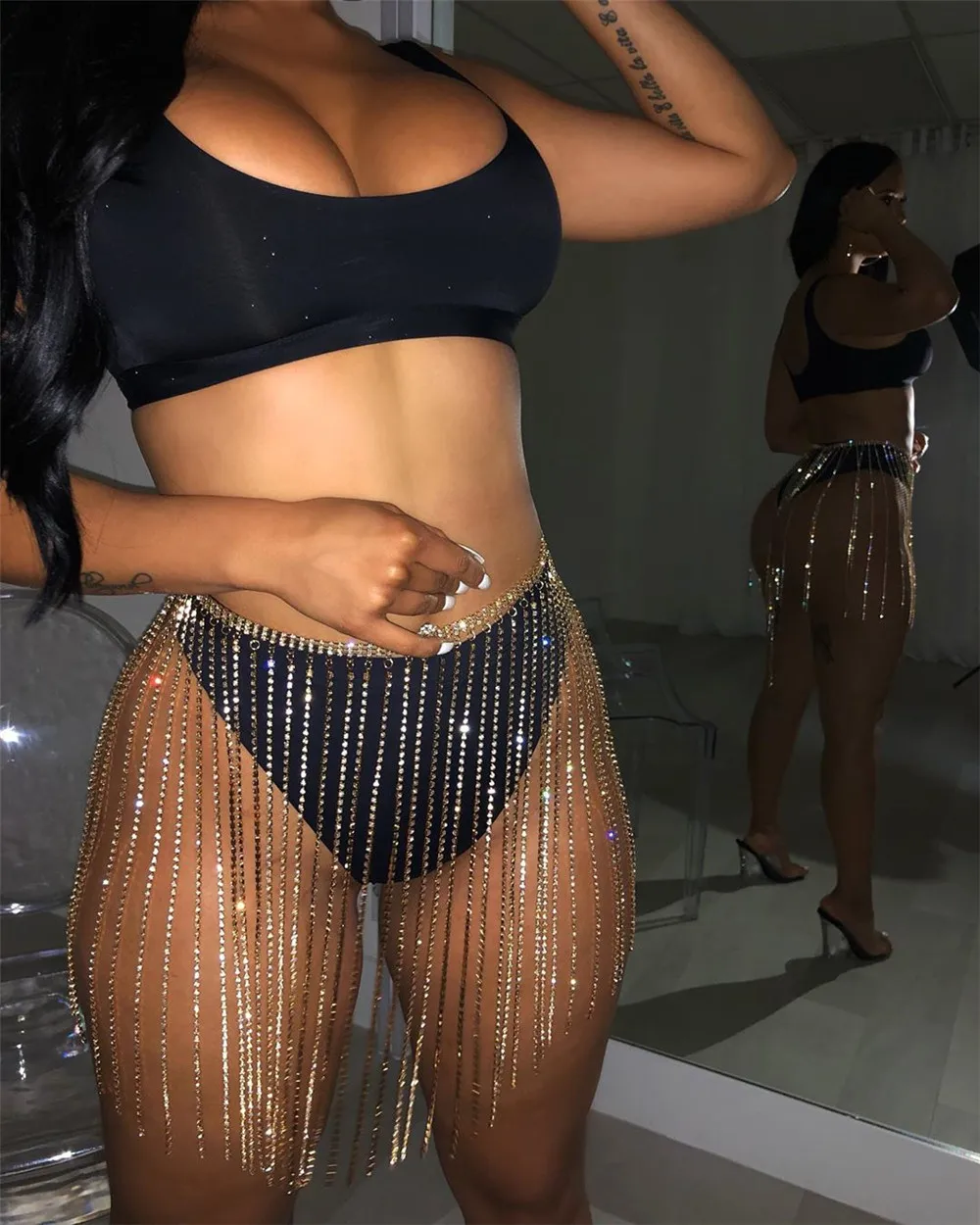 

Silver Gold Alloy Waist Chain For Women Bling Rhinestone Fringe Tassel Skirt Body Chain Summer Beach Party Stage Show Jewelry