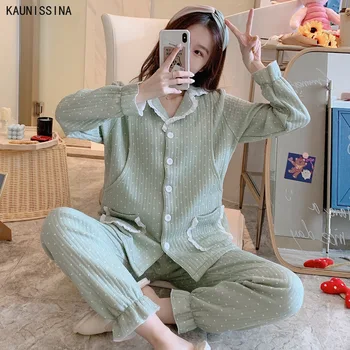 

Women Sleepwear Pajamas Set Button-Down Shirt Elastic Waist Pants Pajama Sets Maternity Female Winter 2PCS Set Nightwear