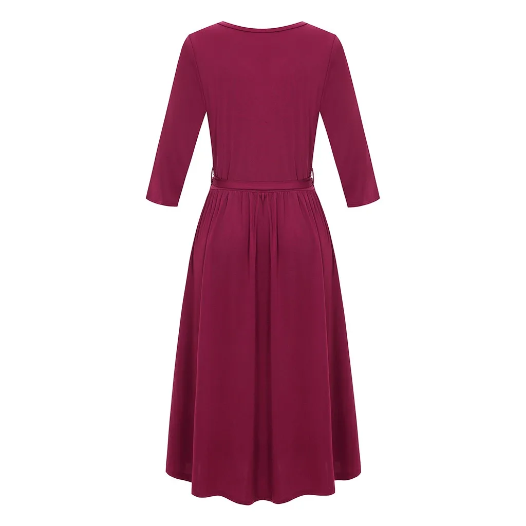 vestidos ropa mujer, женское платье, рукав три четверти, бант на поясе, одноцветное платье, robe hiver femme sukienki