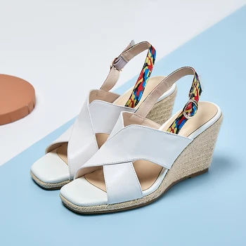 

Elegant Metal Buckle Sandals For Girls Genuine Leather wedges High Heels Pumps Summer Party Basic Shoes Woman Heels