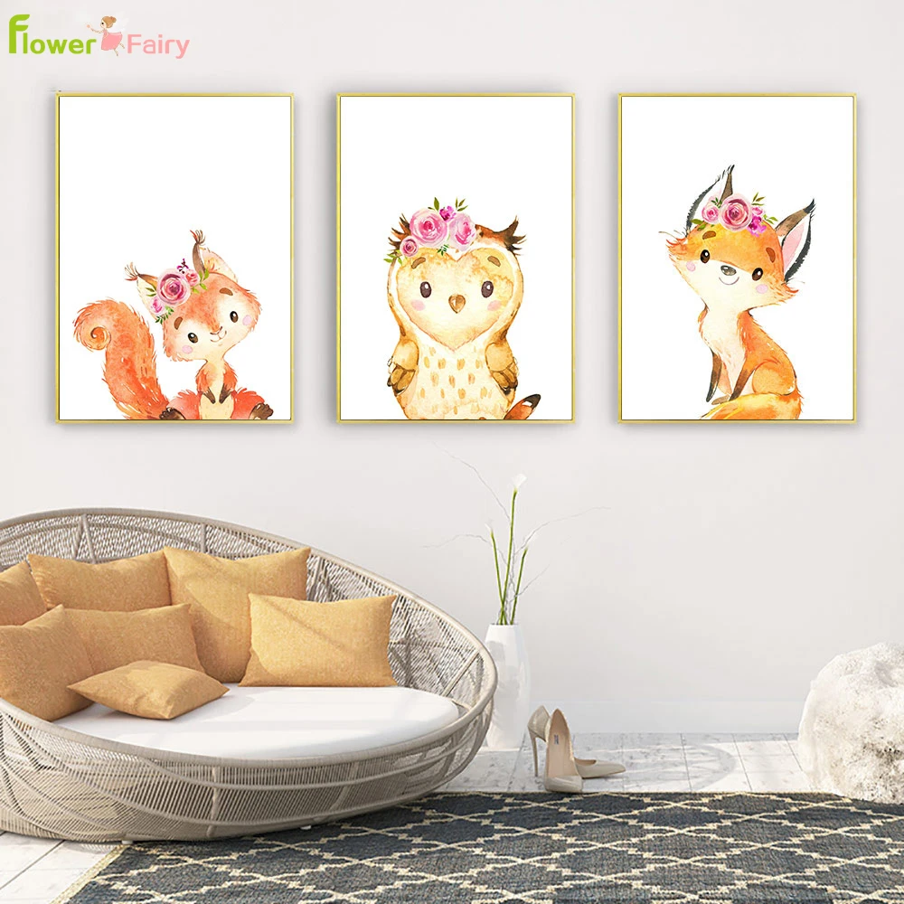

Cartoon Fox Wall Art Canvas Painting Squirrel Nordic Poster Cuadros Watercolor Animals Wall Pictures For Living Room Unframed