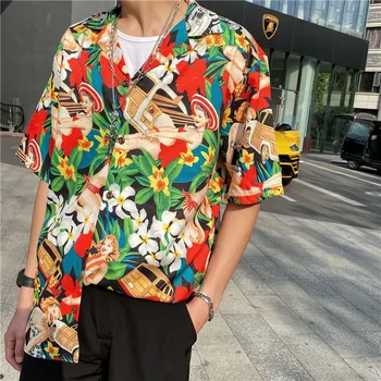 

Flower Blouse shirt couple short sleeved shirts summer retro Hawaiian beach printing men women summer shirts Causal loose tops