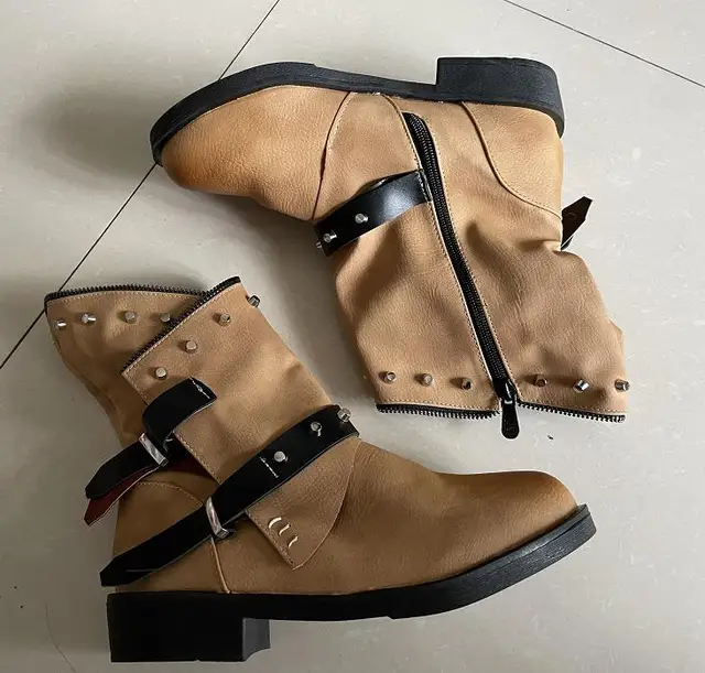 Vogue Retro Rivet Motorcycle Boots Women Leather Ankle Boots Nice Gothic Autumn Buckle Low Heel Short Boot Cowboy Shoes brown A