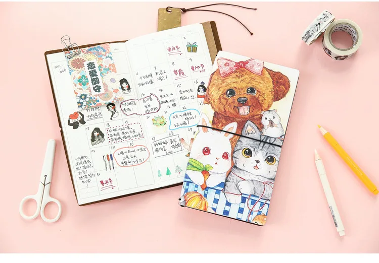 Kawaii Fortune Cat PU Leather Cover Notebook travel Diary Book Exercise Composition Binding Note Notepad Gift Stationery