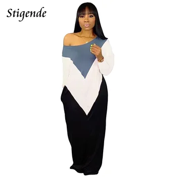 

Stigende Plus Size Sexy Slash Neck Long Party Dress Women Casual Full Sleeve Striped Maxi Dress Autumn Floor Length Loose Dress