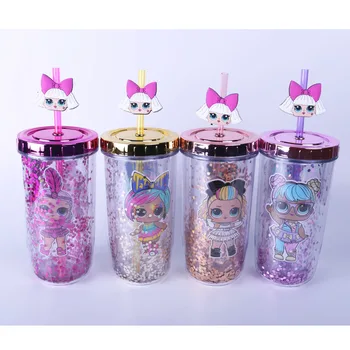 

LOL Surprise Doll 300-400ml Cute Water Bottle Mug Sequin Solid Color Double Plastic Water Cup Cartoon Girl Pattern Kettle