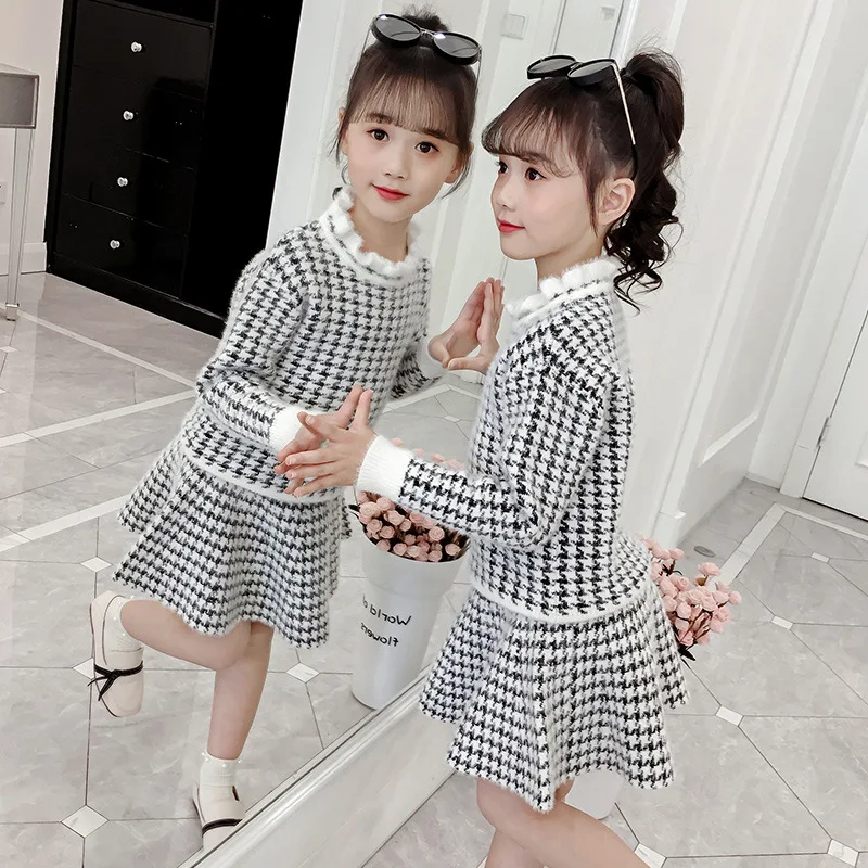 

2020 New Style Korean-style CHILDREN'S Suit Girls Spring Sweater Skirt Set Big Boy Thousands of Birds Mink Cashmere Two-Piece Se