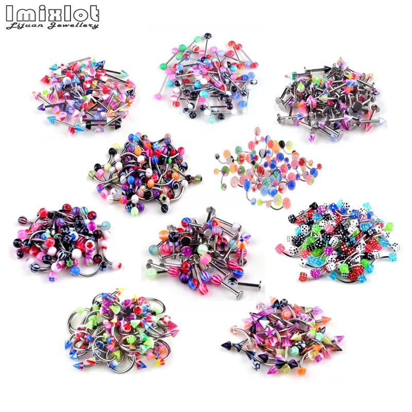 Body Piercing Jewelry 50/100PCS Mixed Acrylic Surgical Steel Nose Ring Tongue Bar Navel Eyebrow Lip Labret Piercing Set