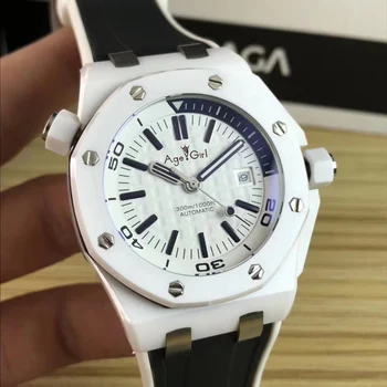 

Luxury Brand New Men Stainless Steel Automatic Mechanical Diver Sapphire White Ceramic Watches Black Rubber Royal Oaks ETA3120