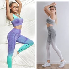 Ombre feminino conjunto de treino yoga roupas femininas gym workout fitness leggings + sutiã esportivo 2 peça roxo correndo esporte wear