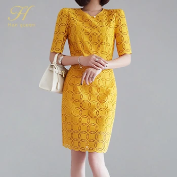 

H Han Queen Korean Elegant Lace Dress Women Summer Slim O-neck Short Sleeve Cutout Business Sheath Dresses Office Wear Vestidos