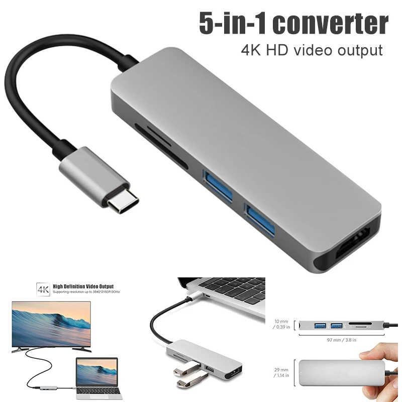 

USB-C Hub HDMI Adapter 5 in 1 Dongle USB Type-C to HDMI Card Reader 2 Ports GV99