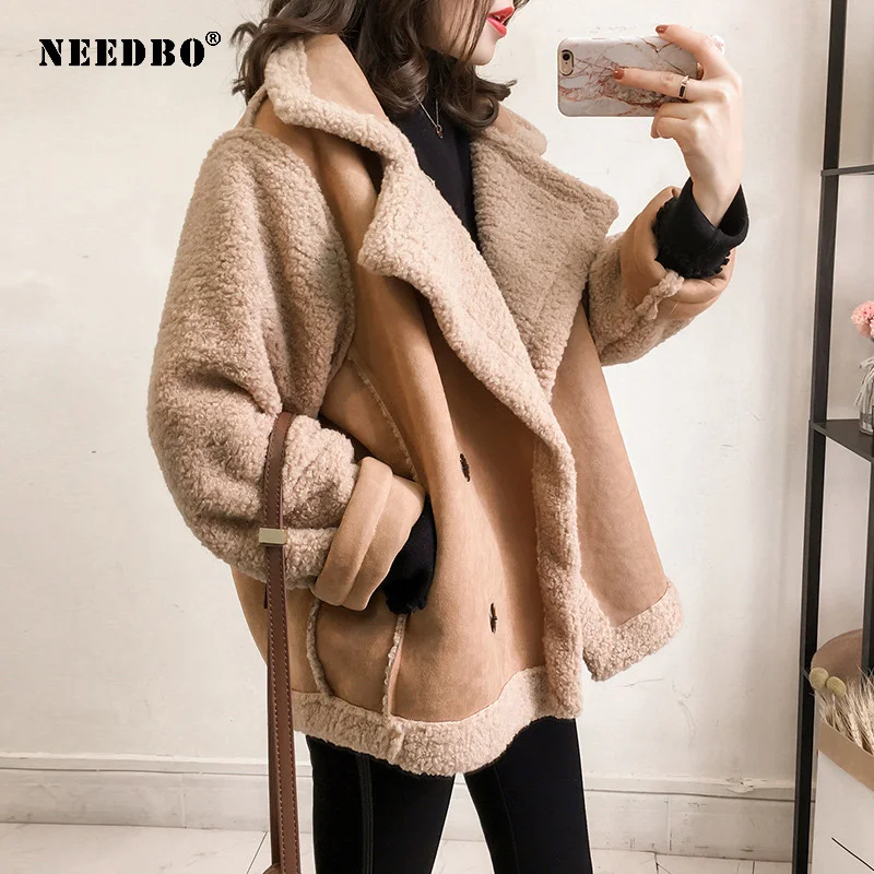 

NEEDBO Women's Short Stand-Collar Lamb Wool Coat Winter New Loose Fur One-Match Plus Velvet Thickening Motorcycle Outwear Tops