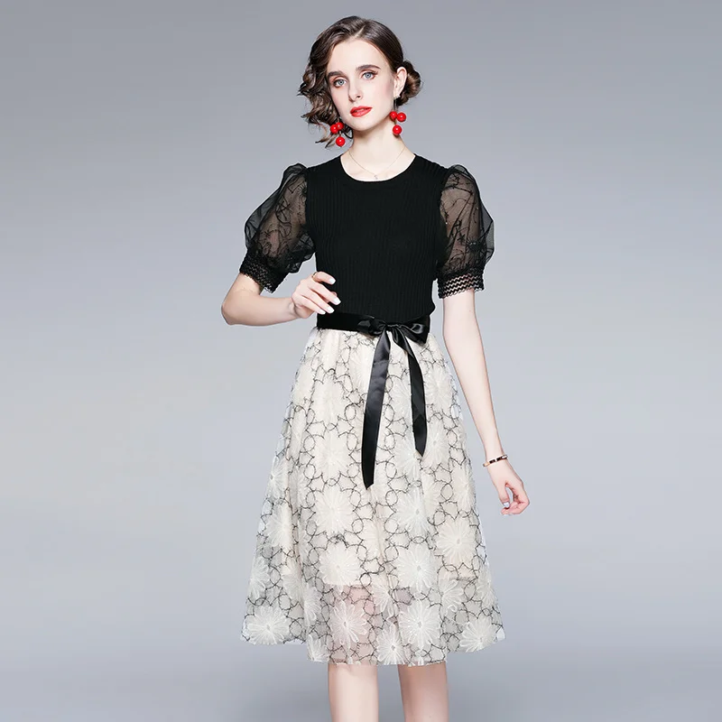 

New Fashion Knitting Sweater Patchwork Summer Dress Women's High Waist Mesh Three-Dimensional Embroidery Lace Long Dress