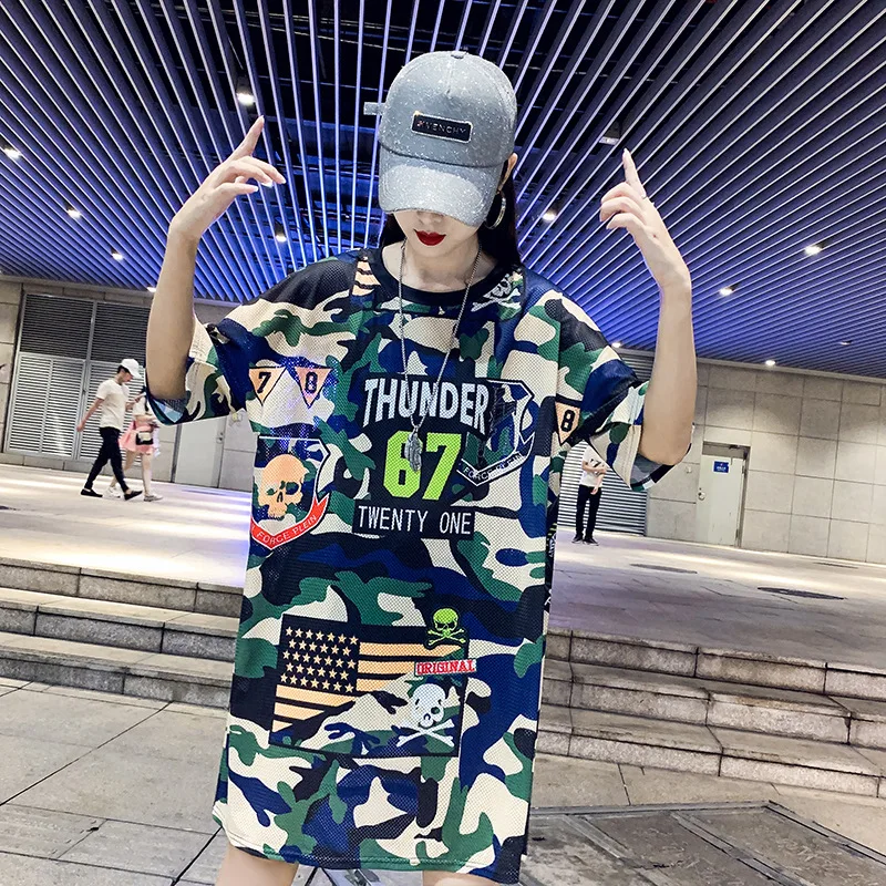 

Korean-style Large Size Hollow out T-shirt Women's 2019 Summer lulin arts&cralts mi cai Printed Quick Drying Clothes Mid-length